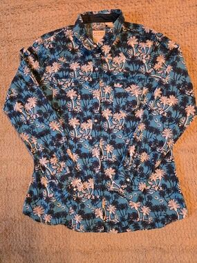 Roper Blue Tropical Palm Button-Up collared Long Sleeve Shirt